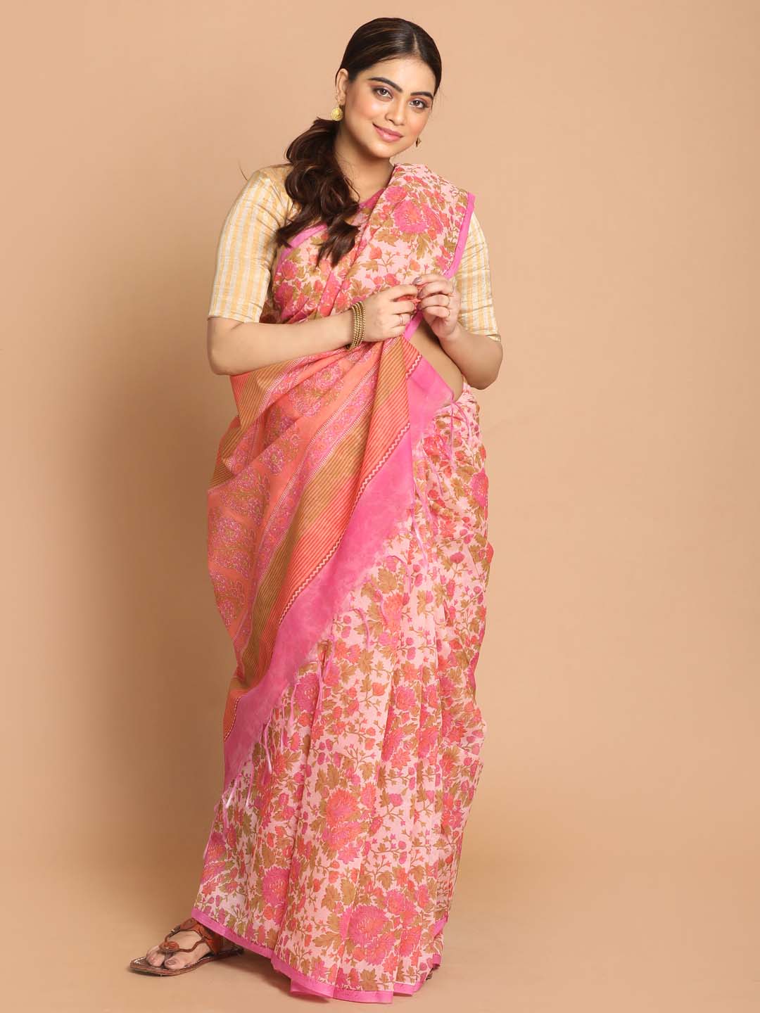 Indethnic Printed Cotton Blend Saree in Coral - View 1