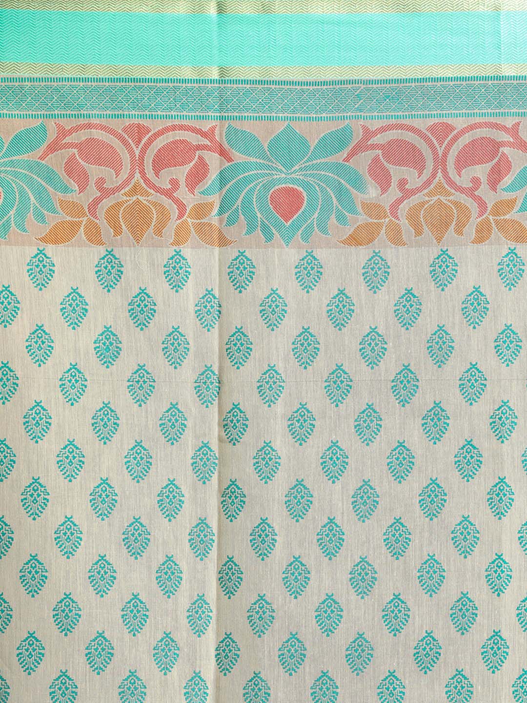 Indethnic Printed Cotton Blend Saree in Green - Saree Detail View