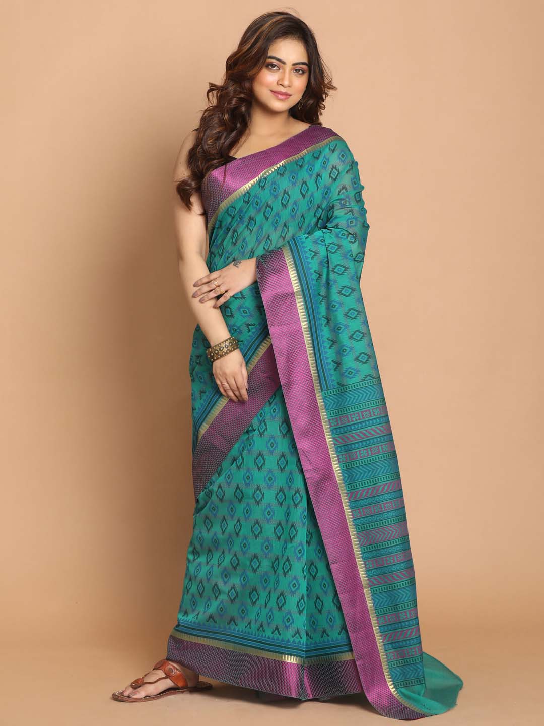 Indethnic Printed Cotton Blend Saree in Green - View 1