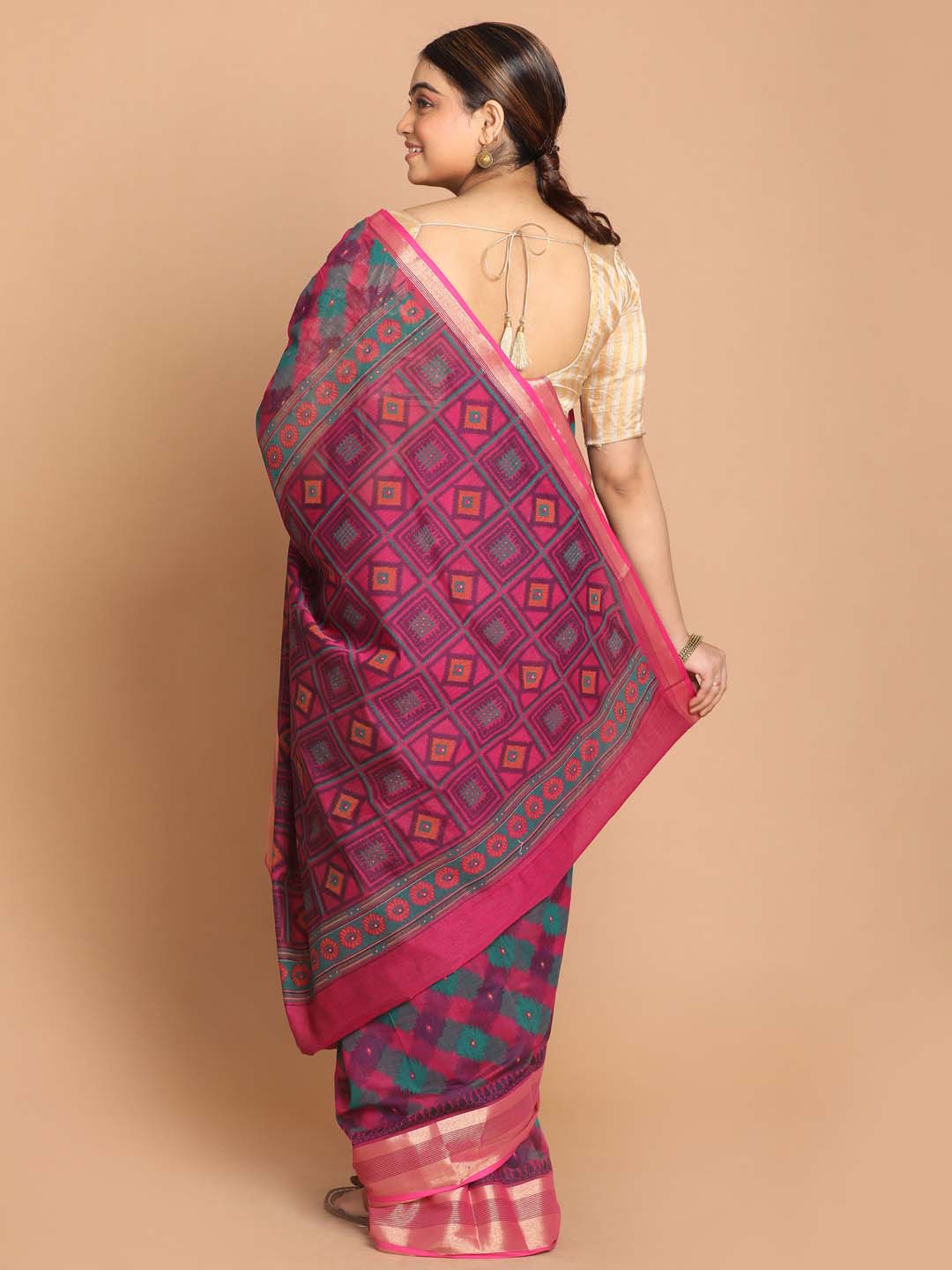 Indethnic Printed Cotton Blend Saree in Magenta - View 3