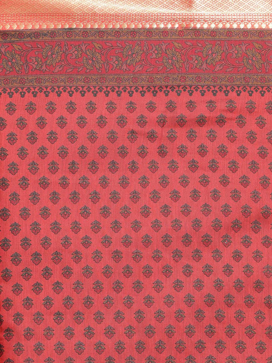 Indethnic Printed Cotton Blend Saree in Maroon - Saree Detail View