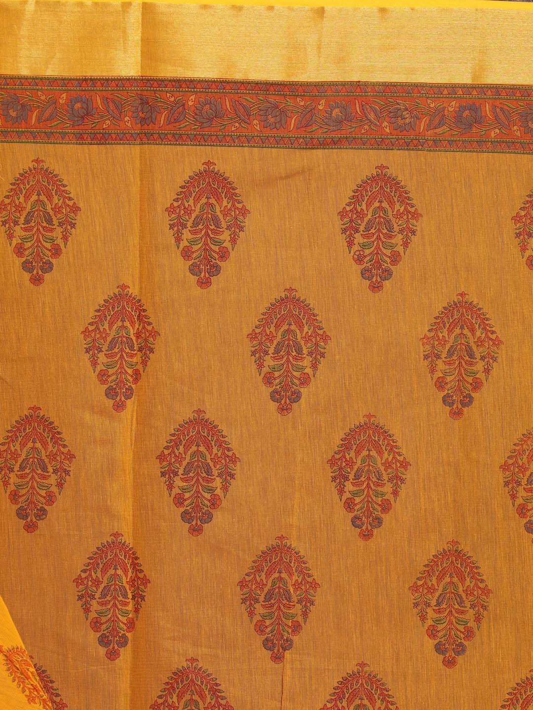 Indethnic Printed Cotton Blend Saree in Mustard - Saree Detail View