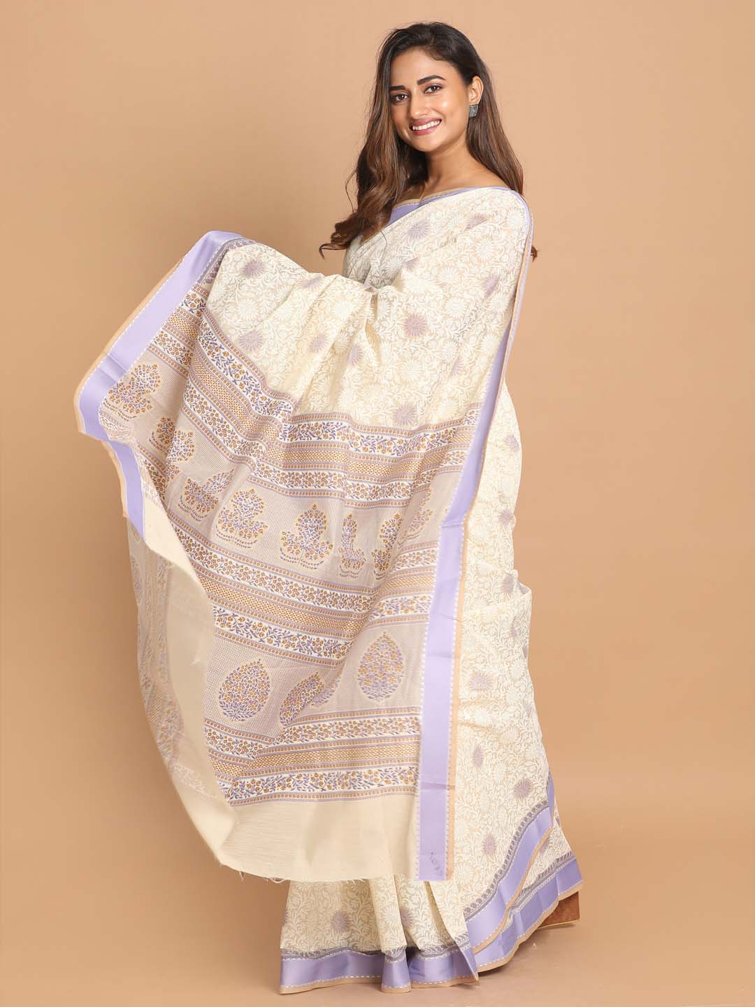 Indethnic Printed Cotton Blend Saree in Purple - View 2