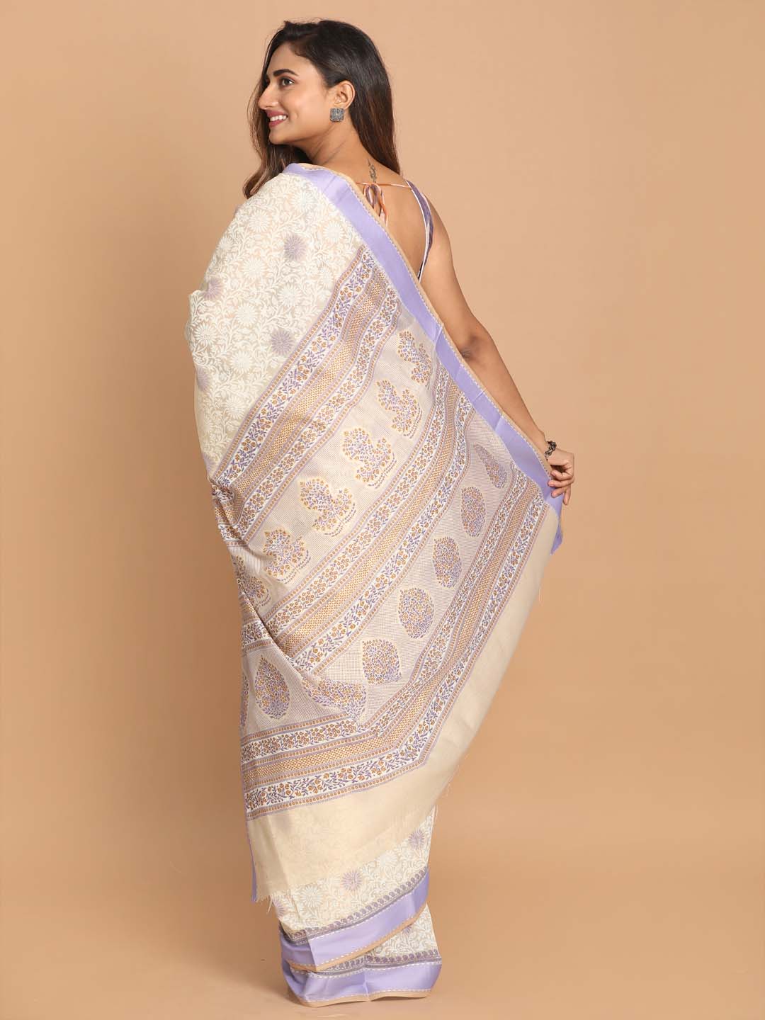 Indethnic Printed Cotton Blend Saree in Purple - View 3