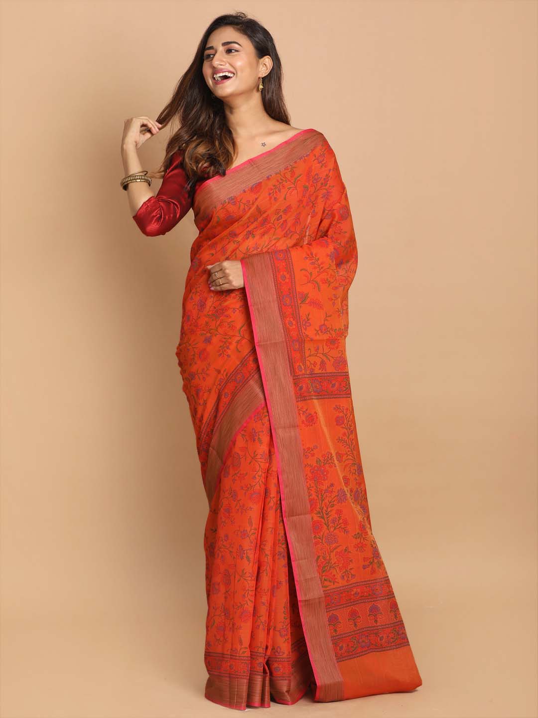 Indethnic Printed Cotton Blend Saree in Rust - View 1