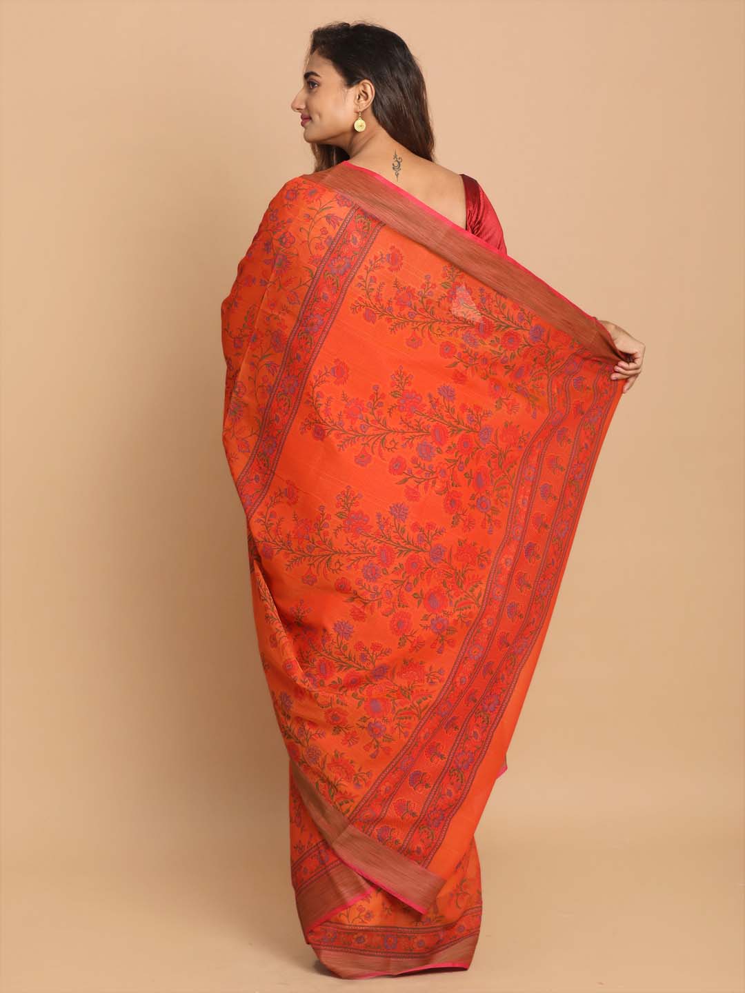 Indethnic Printed Cotton Blend Saree in Rust - View 3