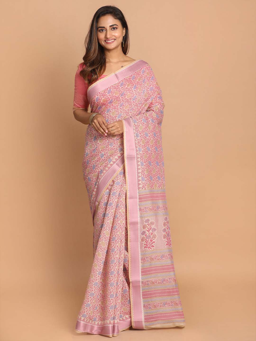 Indethnic Printed Cotton Blend Saree in Pink - View 1