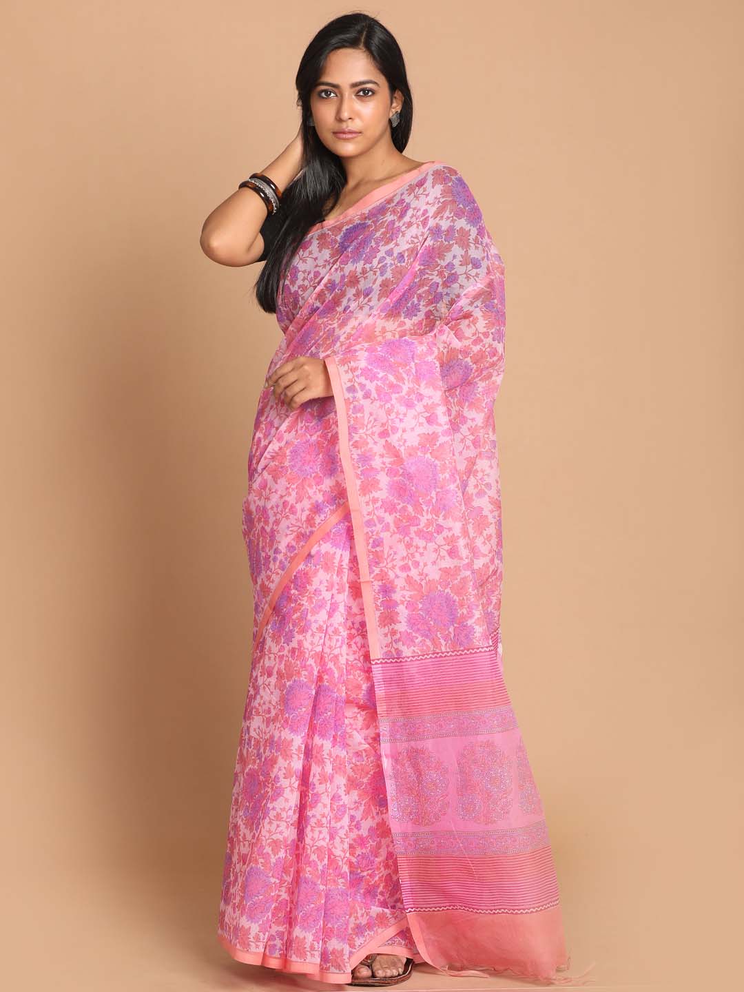 Indethnic Printed Cotton Blend Saree in Pink - View 1