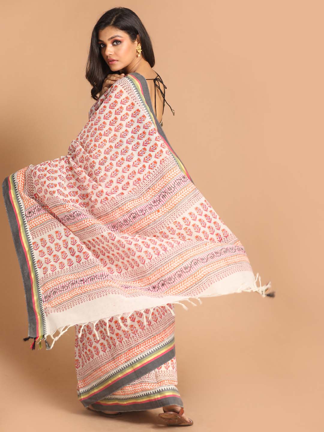 Indethnic Printed Pure Cotton Saree in Maroon - View 3