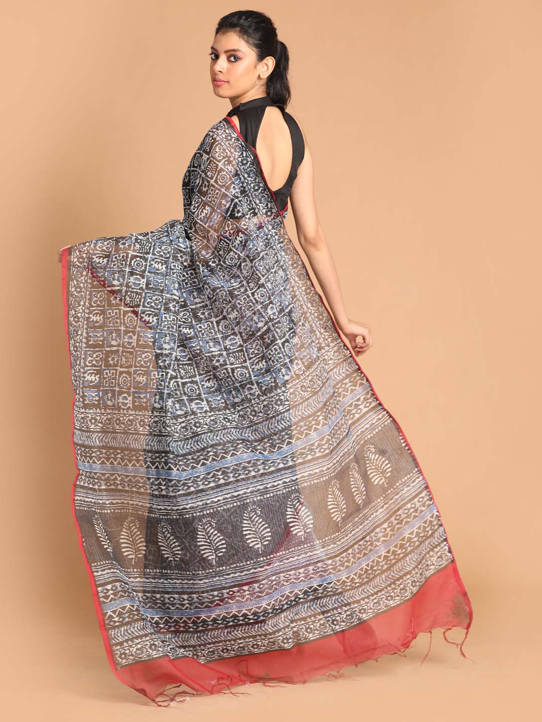 Indethnic Printed Super Net Saree in Black - View 3
