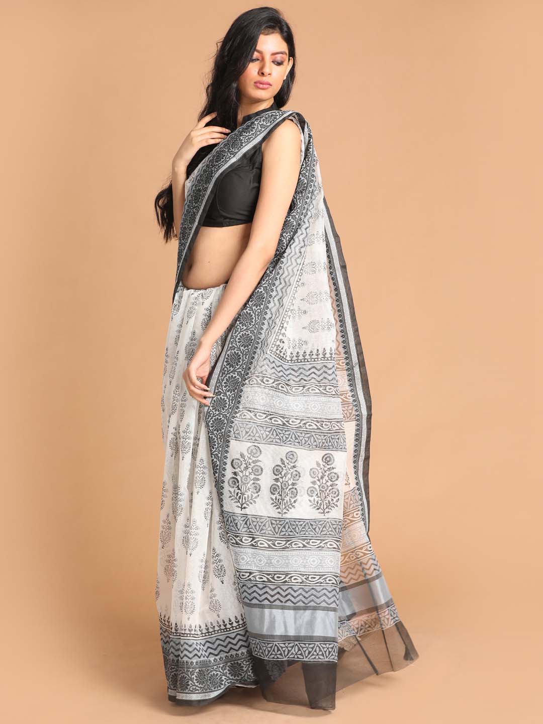 Indethnic Printed Super Net Saree in Black - View 2