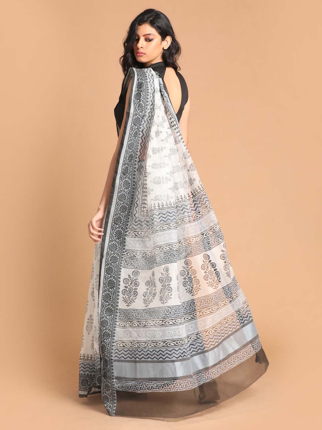 Indethnic Printed Super Net Saree in Black - View 3