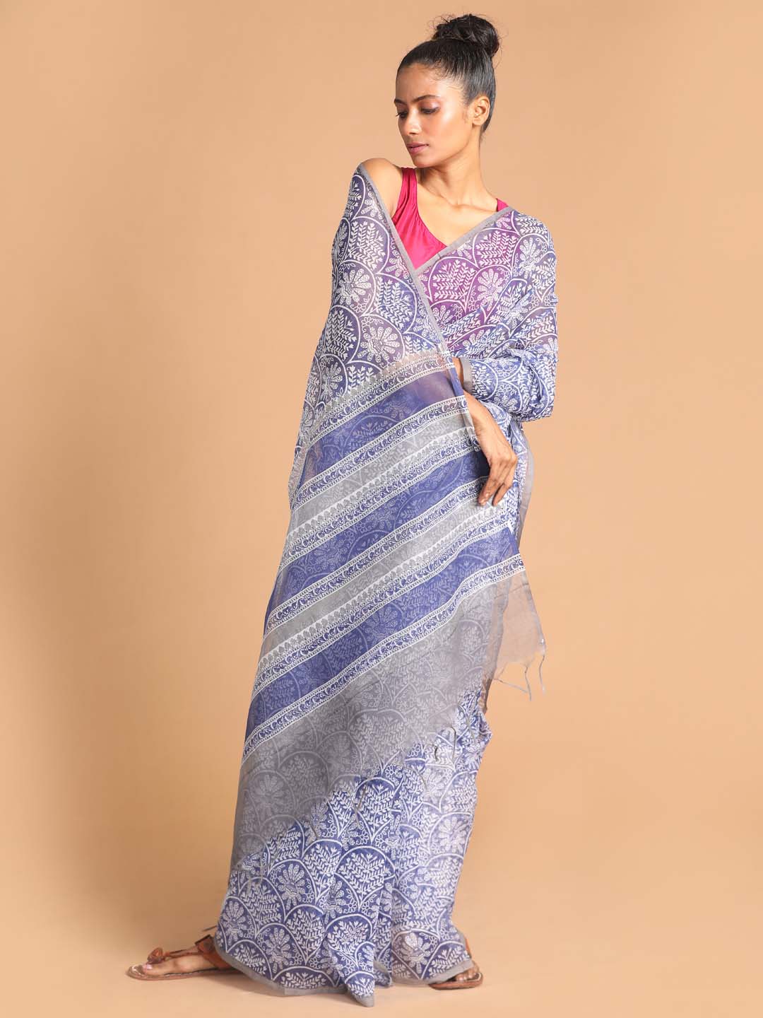 Indethnic Printed Super Net Saree in Blue - View 1