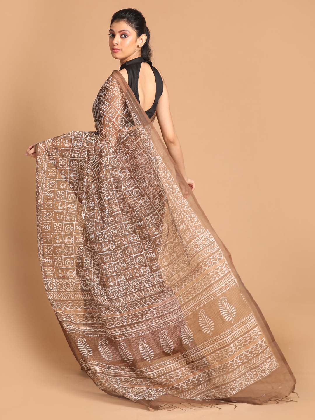 Indethnic Printed Super Net Saree in Brown - View 3