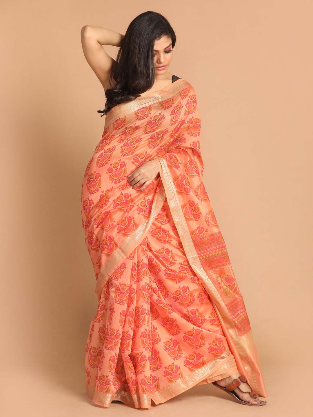 Indethnic Printed Cotton Blend Saree in Coral - View 1