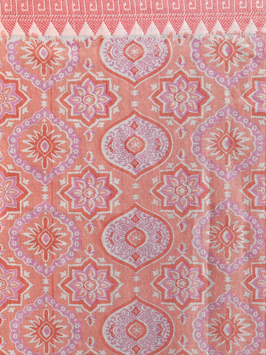 Indethnic Printed Cotton Blend Saree in Coral - Saree Detail View