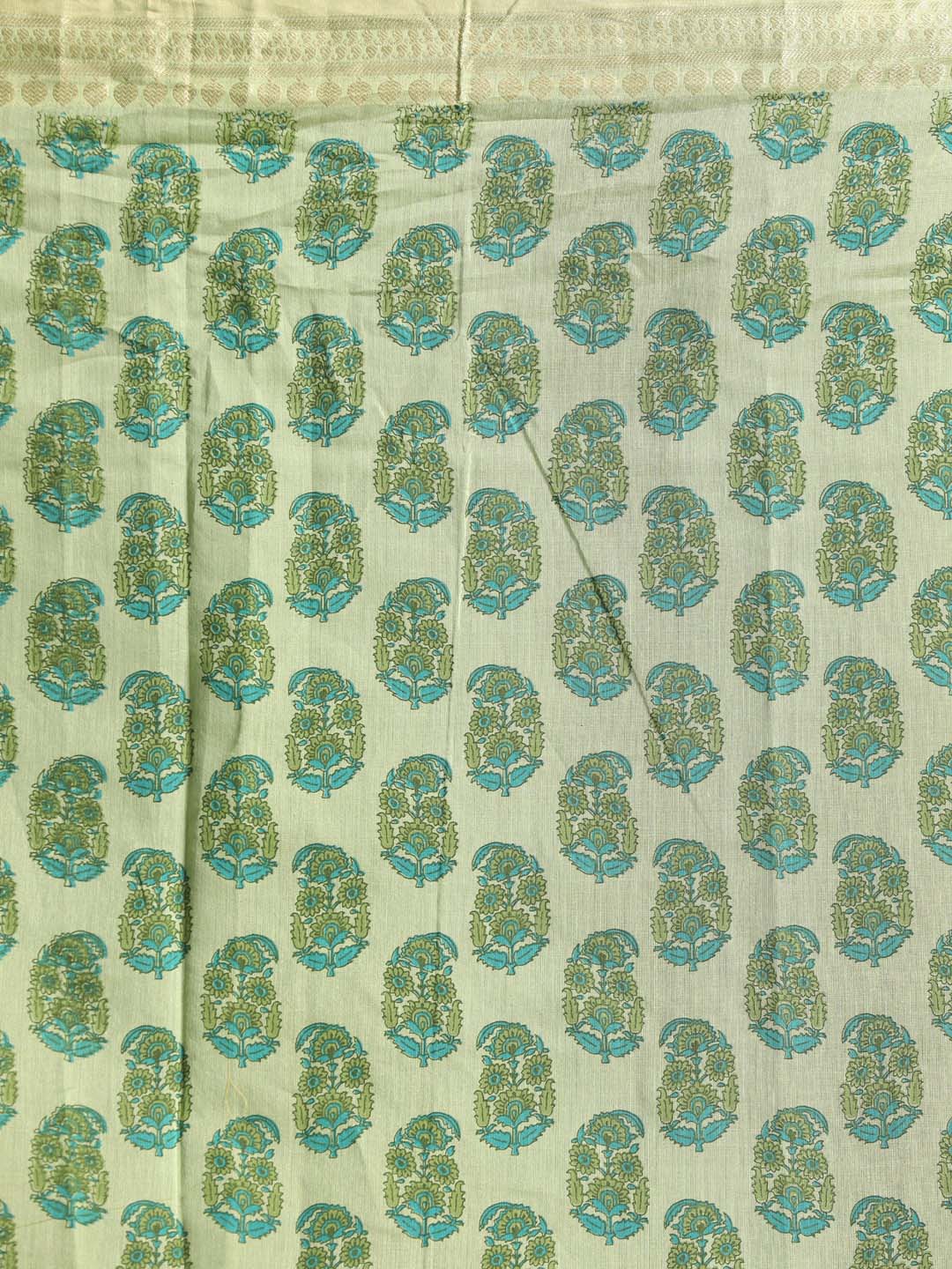 Indethnic Printed Cotton Blend Saree in Green - Saree Detail View