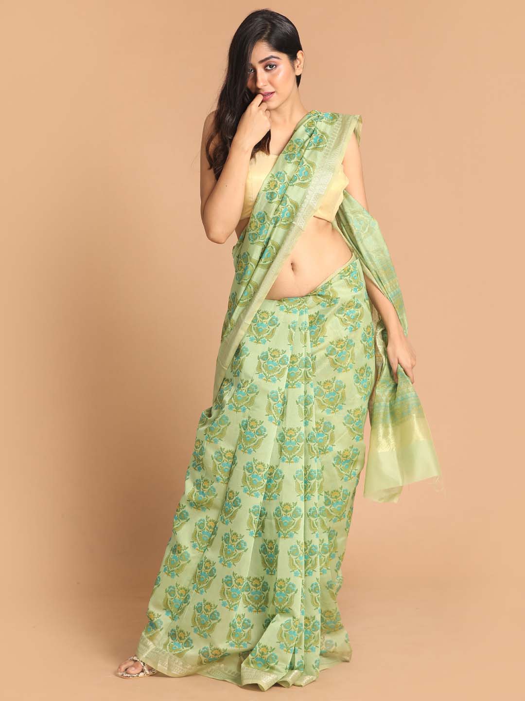 Indethnic Printed Cotton Blend Saree in Green - View 1