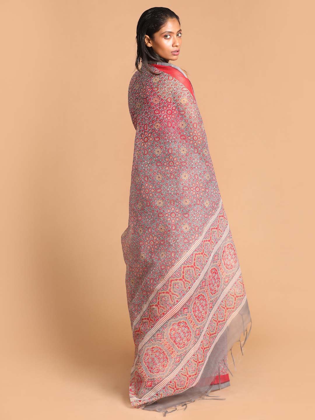 Indethnic Printed Super Net Saree in Grey - View 3