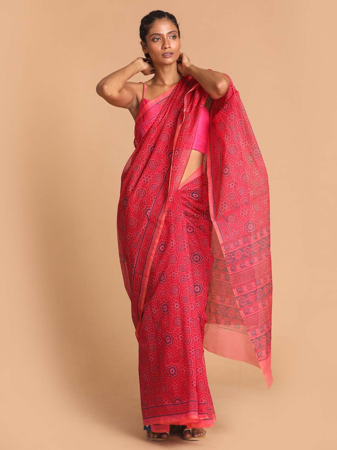 Indethnic Printed Super Net Saree in Magenta - View 1