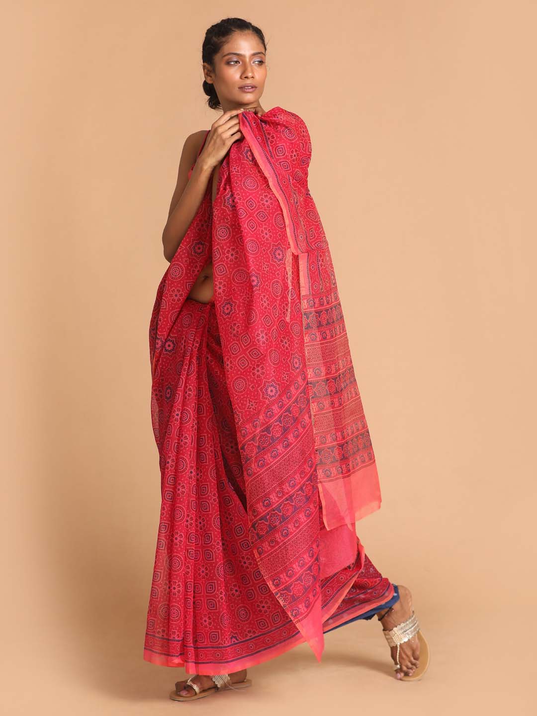 Indethnic Printed Super Net Saree in Magenta - View 2