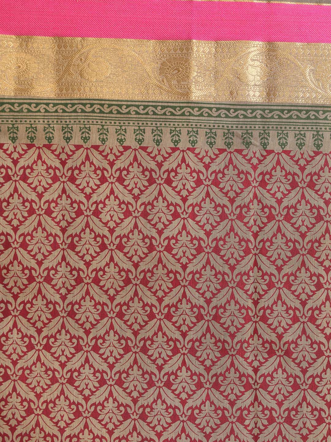 Indethnic Printed Cotton Blend Saree in Magenta - Saree Detail View