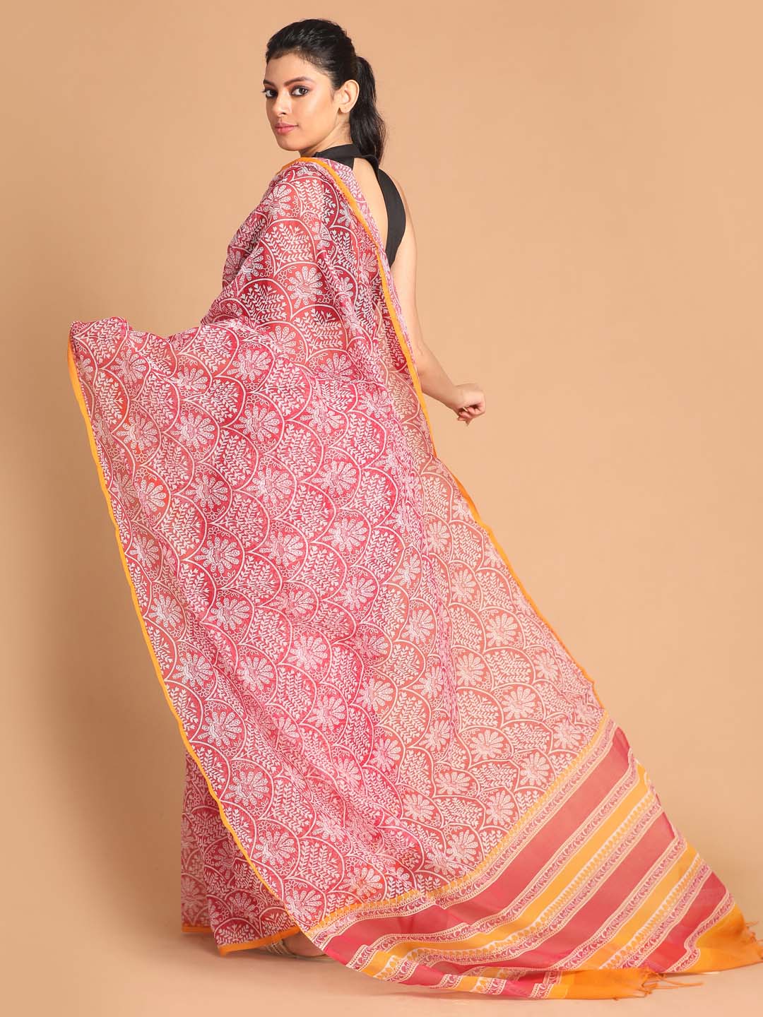 Indethnic Printed Super Net Saree in Maroon - View 3