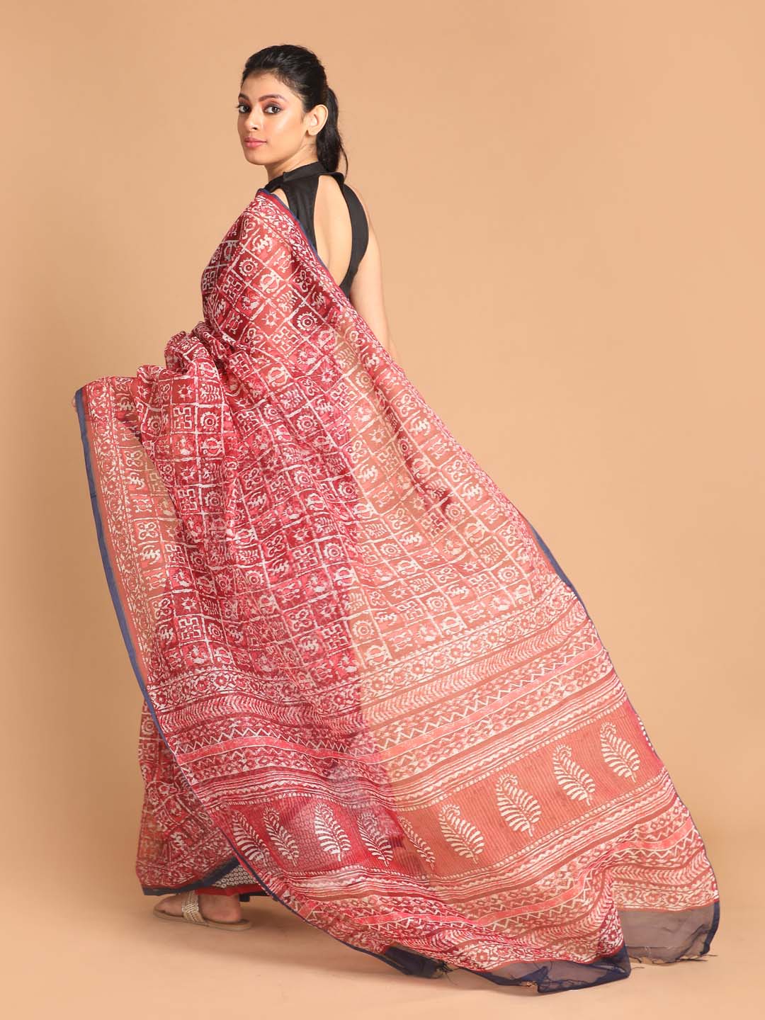 Indethnic Printed Super Net Saree in Maroon - View 3