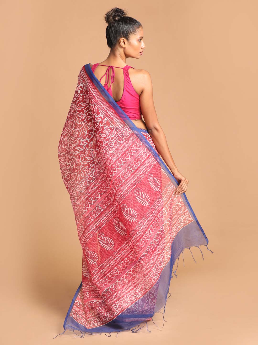 Indethnic Printed Super Net Saree in Maroon - View 3