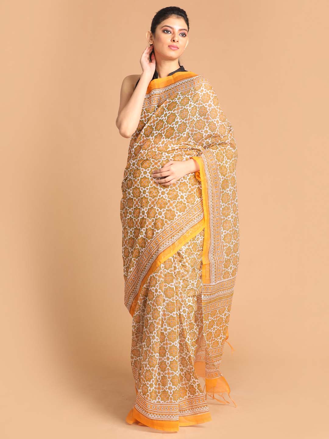 Indethnic Printed Super Net Saree in Yellow - View 1