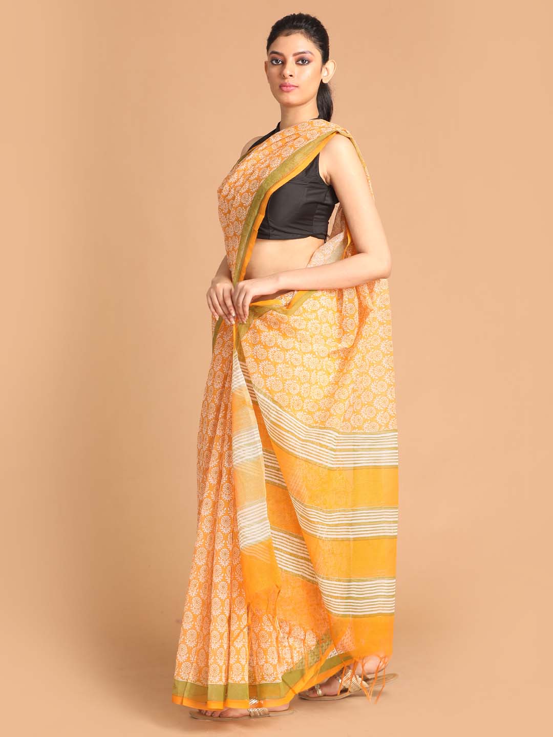 Indethnic Printed Super Net Saree in Yellow - View 2