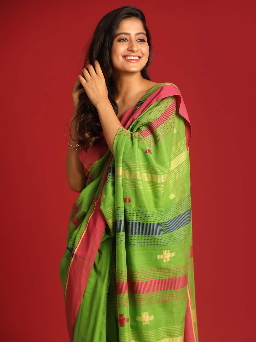 Indethnic Green Pure Cotton Ethnic Motifs Design Jamdani - View 3