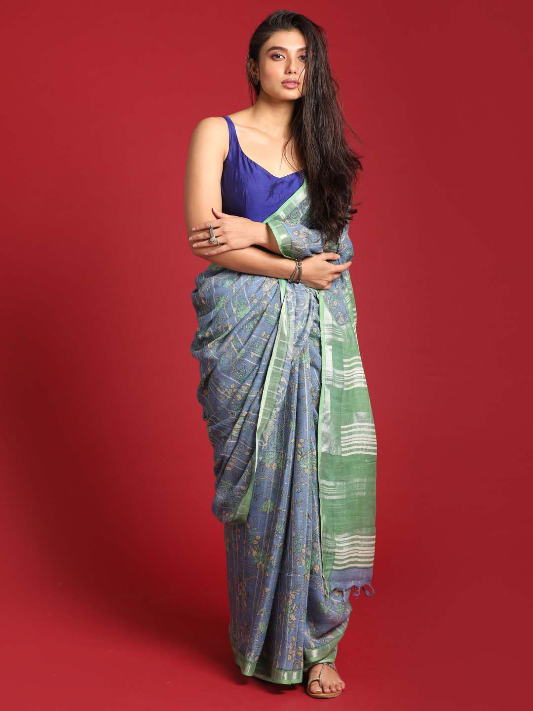Indethnic Blue Liva Printed Saree - View 2
