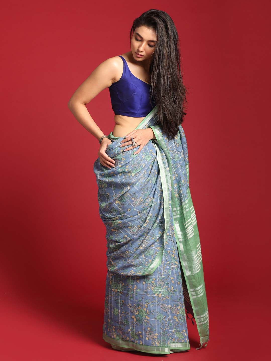 Indethnic Blue Liva Printed Saree - View 3