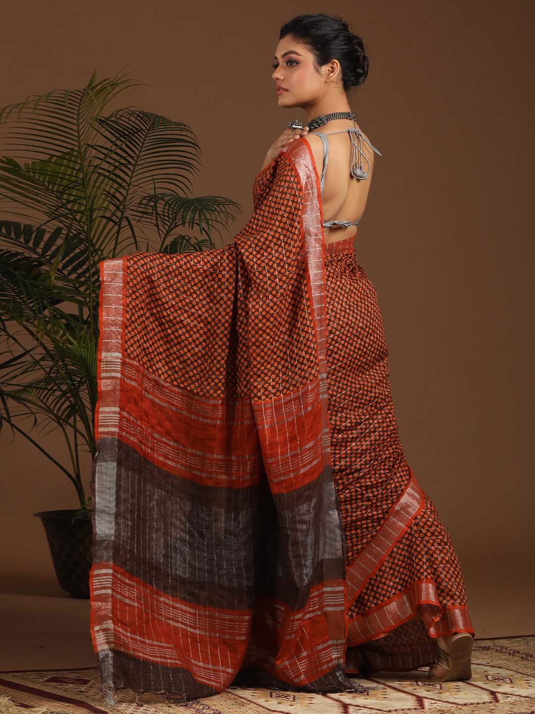 Indethnic Rust Liva Printed Saree - View 3