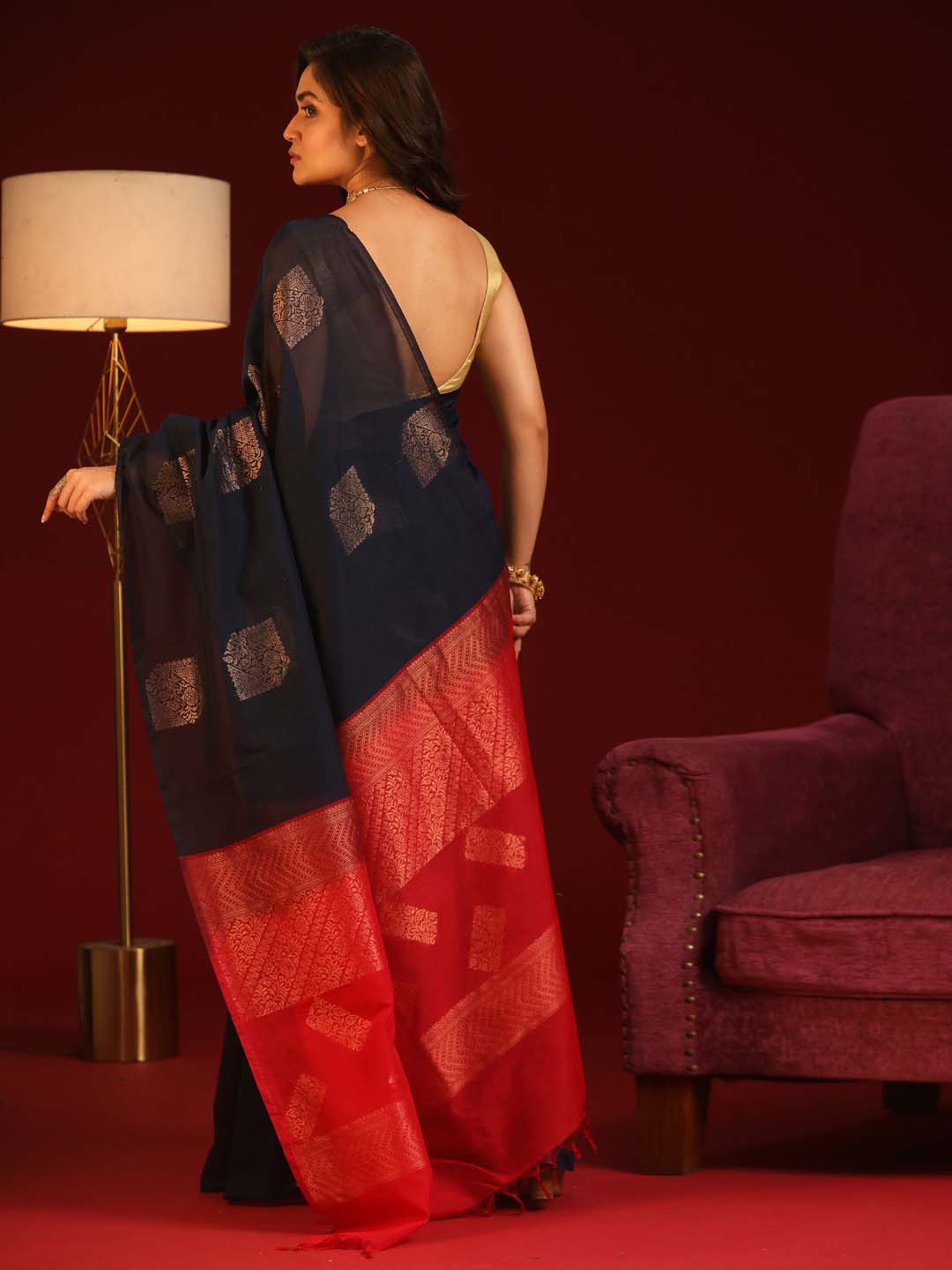 Indethnic Blue Pochampally Kora Silk by Cotton Saree - View 3