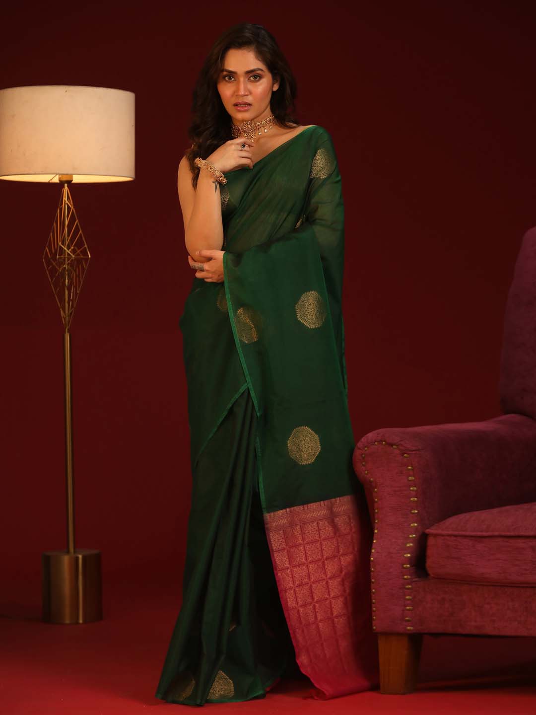 Indethnic Green Pochampally Kora Silk by Cotton Saree - View 1