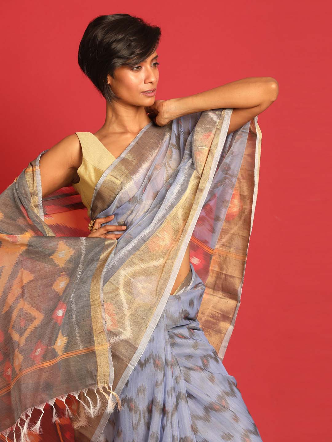 Indethnic Grey Pochampally Ikkat Saree - View 2