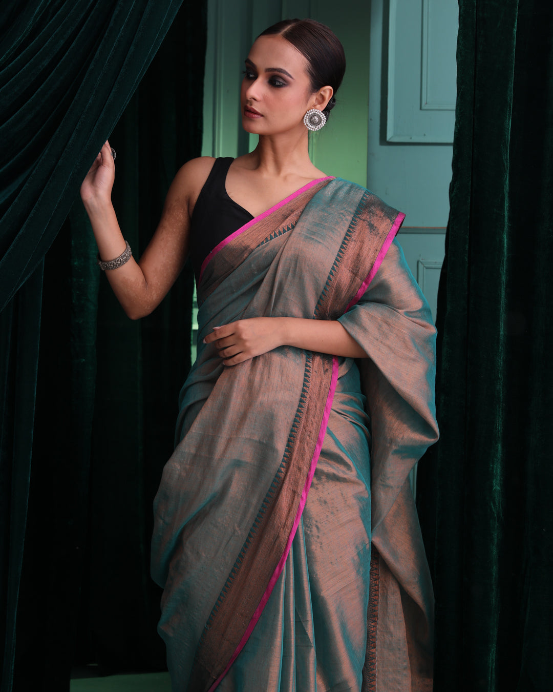TEAL TWILIGHT (HANDLOOM COTTON BLEND SAREE)