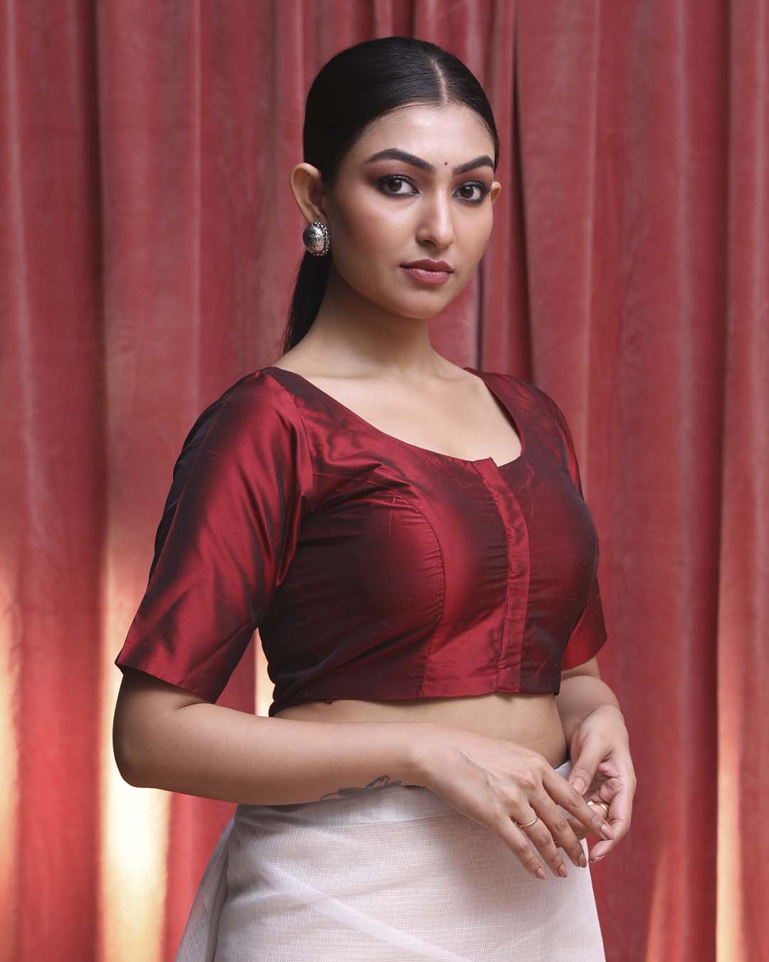 Indethnic Maroon Daily  Wear U-Neck Short Sleeves Blouse(DESIGNER  SAREE BLOUSE)