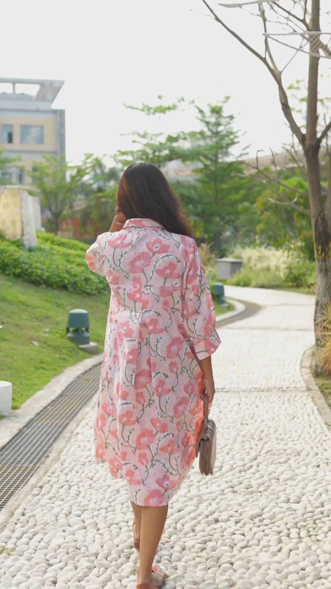 Coral Poppy — Block Print Cotton Midi Shirt Dress