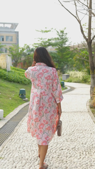 Coral Poppy — Block Print Cotton Midi Shirt Dress