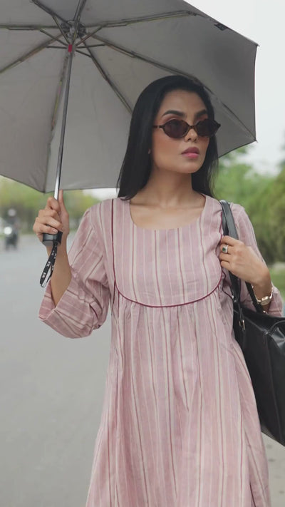 Blush Pleat — Empire-Cut Striped Cotton Kurta