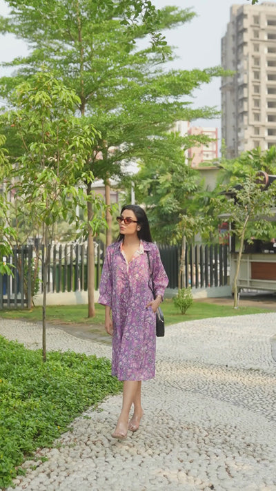 Violet Garden — Bagru Block Print Midi Shirt Dress