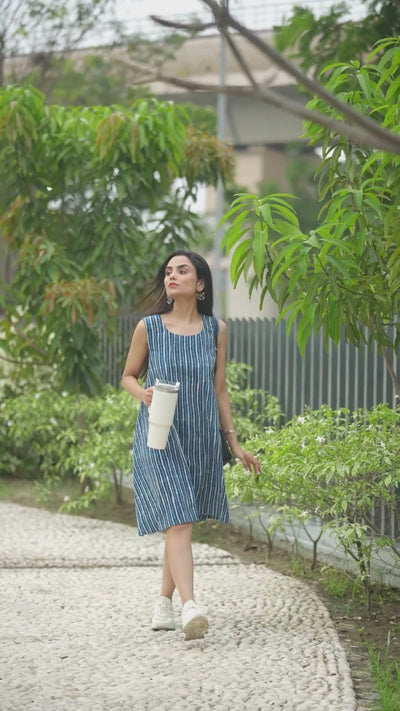 Indigo Lehr — Resist-Stripe Indigo Cotton Mini Dress