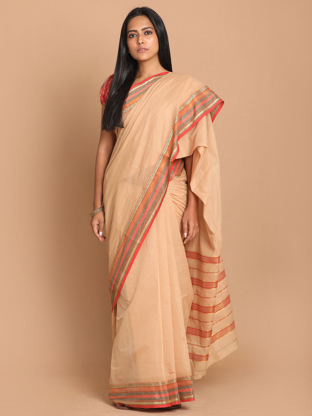 Indethnic Beige Pure Cotton Solid Saree - View 1