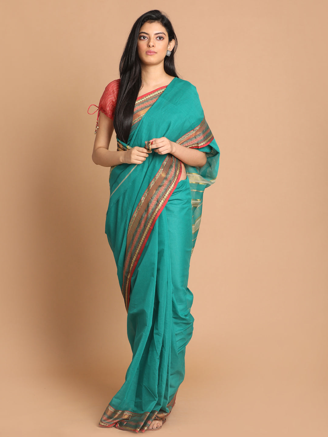 Indethnic Green Pure Cotton Solid Saree - View 1