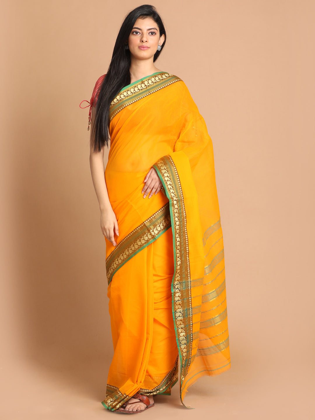Indethnic Yellow Pure Cotton Solid Saree - View 1