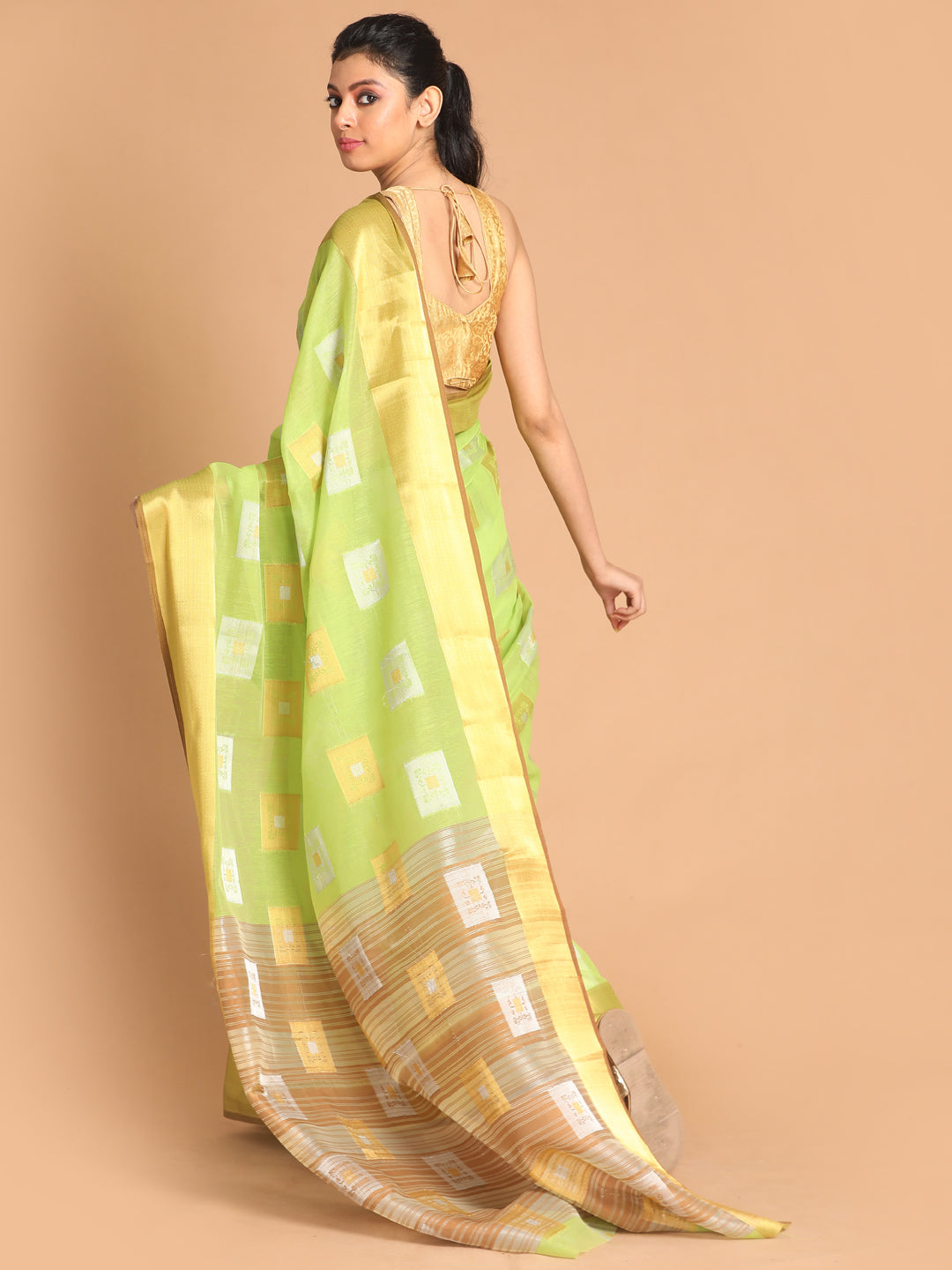 Indethnic Lime Green Woven Design Saree - View 3