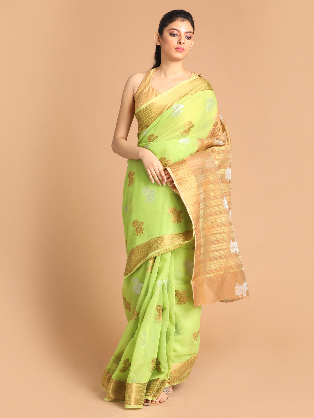Indethnic Lime Green Woven Design Saree - View 1